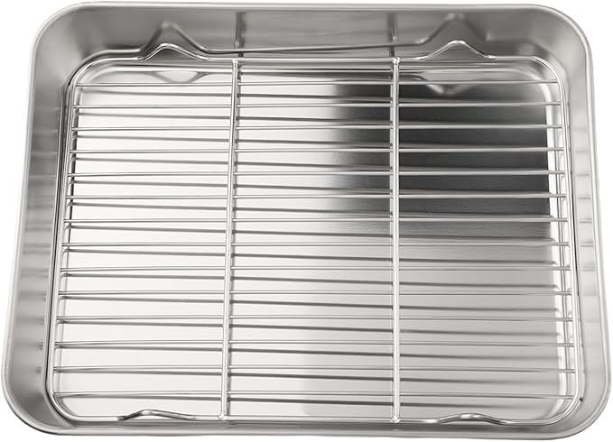 Stainless Steel Baking Pan Tray Set with Cooling Rack for Baking Roasting BBQ Cookies Vegetables Cakes Dishwasher Safe Oven Safe Rust-Resistant Mirror Finish Suitable Size for Kitchen Use(26x20x5cm)
