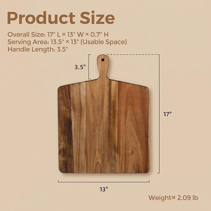 S310 Acacia Wood Cutting Board with Handle, Wooden Chopping Board for Meat, Cheese, Bread & Vegetables, Decorative Charcuterie Serving Board for Kitchen Cooking, Pizza & Party Dining, 17"x13"