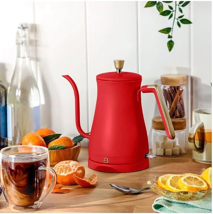 Beautiful Electric Gooseneck Kettle, 1 Liter, 1200W, Stainless Steel Interior, Fast Boil, Precision Pour Spout, Auto Shut-Off & Boil-Dry Protection (Red)