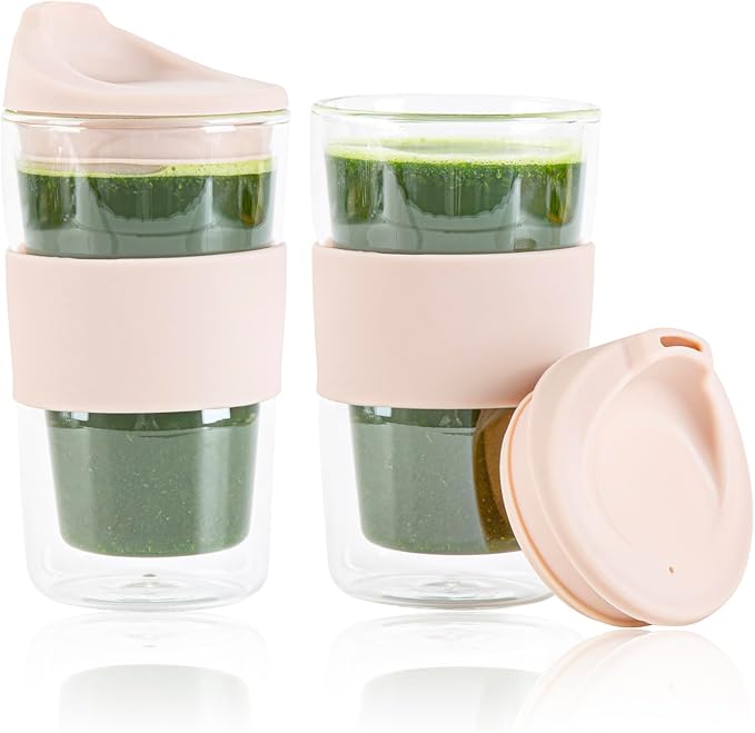 Restaurantware Glass Travel Mug 1 Count 12 Ounce Double Wall Borosilicate Reusable Coffee Cup, Spill-Resistant Tan Silicone Lid, Clear Drinkware Mug for Hot and Cold Beverages