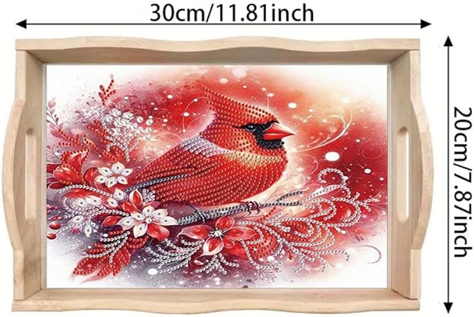 DIY Diamond Serving Tray Diamond Art Painting Creative Design Handmade Wooden Tray Dinner Plate for Coffee Breakfast Home Organizer-Cardinal