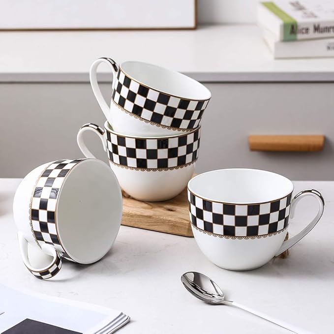 Porlien Checker Pattern 23-ounce Large Soup Bowls, Large Soup Mugs with Handles, Porcelain Cereal Bowls Set of 4