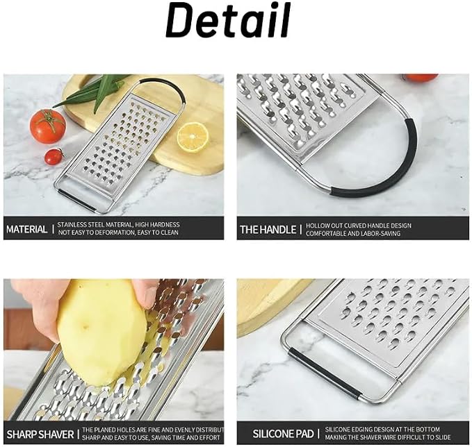 1 Pack Professional Cheese Grater - Handheld Flat Coarse Stainless Steel Graters for Kitchen - Food Grater with Anti-Slip Handle for Chocolate, Potato, Vegetable, Butter （Silver）