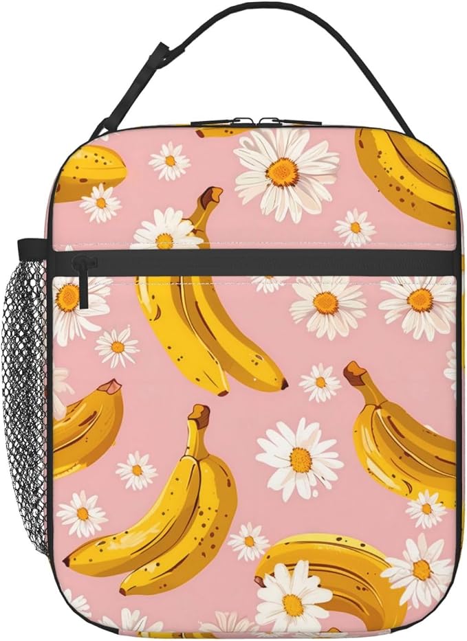 Reusable Banana and Daisy Lunch Box for Kids Girls Women Adult, Insulated Fruit and Floral Pink Lunch Bag,Polyester Cooler Handbags Case for School Picnic Work Travel Beach or Hiking