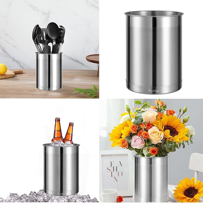 KSENDALO 3 Pack Utensil Holder Stainless Steel 6.3inch Deep,Silver | Brushed Finish, Doubled Base for Stable, Shiny Stainless Style, 5inch Wide, 6.60inch Tall