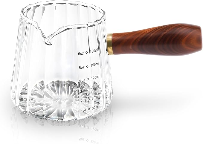 Espresso Measuring Cup, 6oz Borosilicate Glass Espresso Cups with Wood Handle (2.71in Long Grip), V-Shaped Spout Ribbed Milk Frothing Cup for Coffee, Latte, Tea, Syrup – Dishwasher Safe
