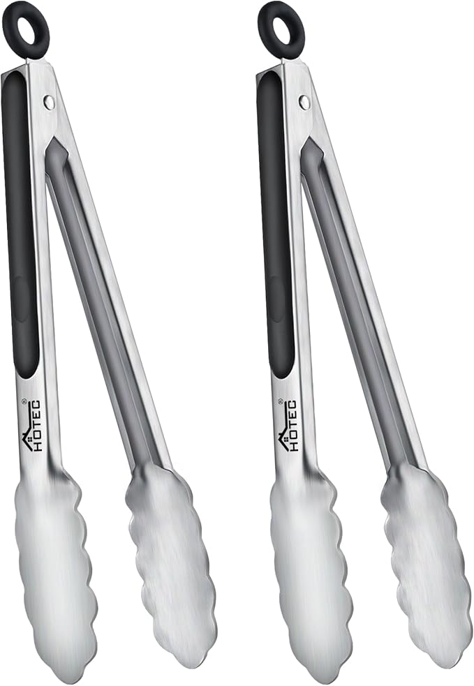 Hotec Stainless Steel Kitchen Tongs, Set of 2-9", Locking Metal Food Tongs for Cooking, Serving, BBQ, Grill Non-Slip Grip