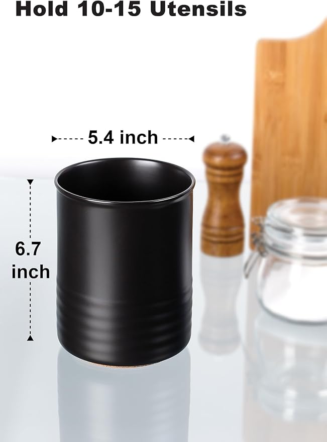 ABRUTY Utensil Holder, 6.7" Ceramic Kitchen Utensil Crock for Countertop Cooking, Modern Utensil Caddy Jar Organizer for Farmhouse Kitchen Counter Décor, Matte Black