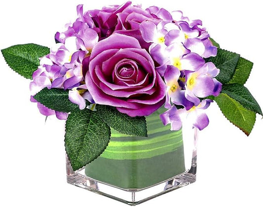 Fule Artificial Silk Rose Flower Centerpiece Arrangement in vase for Home Wedding Decoration (Light Purple)