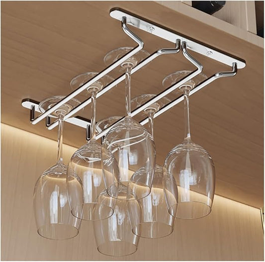 CAKERS Under Cabinet Hanging Stemware Display Rack|304 Stainless Steel Wine Glass Holder|Wine Glass Storage Organizer Hanger,2 Rows,30cm(11.8in)