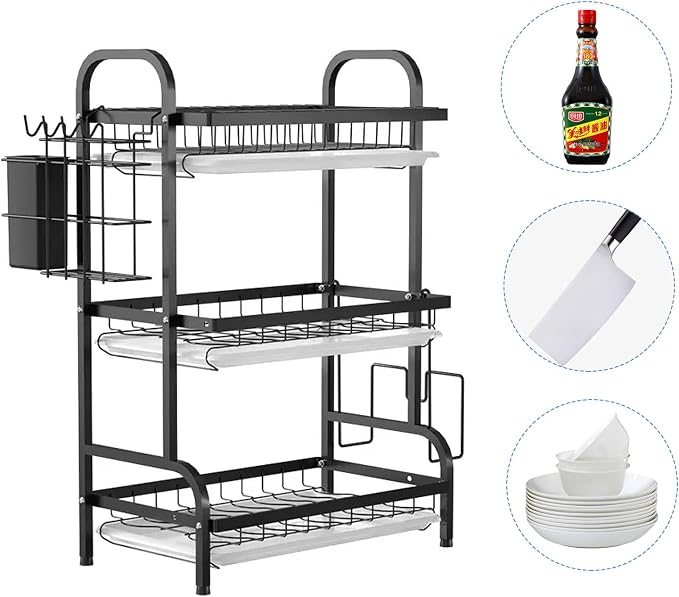 KUK 3 Tier Dish Drying Rack, Stainless Steel Over The Sink Dish with Drain Tray, Kitchen Dishes Drying Racks, Dish Racks for Kitchen Counter Storage (Black)