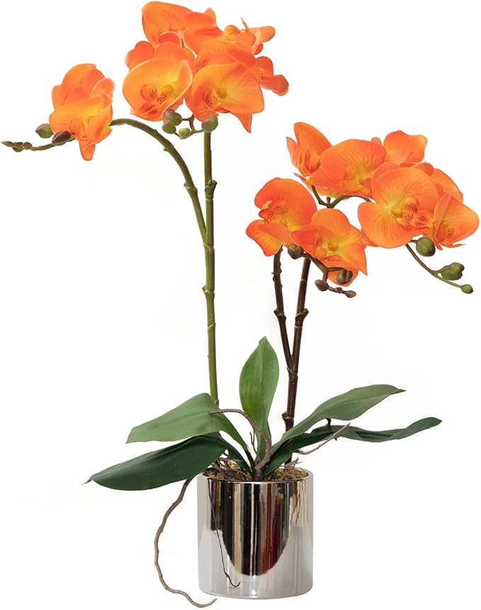 CXGS Artificial Orchid Flower Plant Real Touch Faux Orchids in Ceramic Vase Orange 19.7'' Fake Phalaenopsis Flower Arrangement Centerpiece Home Indoor Decor