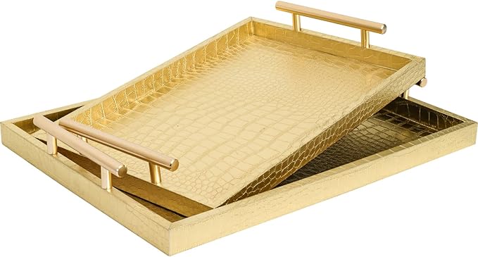 Set of 2 Modern Elegant Large Wood Serving Tray, Rectangle Decorative Tray Ottoman Tay Coffee Table Tray, Gold Crocodile Leather with Gold Polished Metal Handles