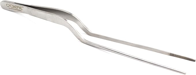 O'Creme 8 Inch Stainless Steel Precision Kitchen Culinary Offset Tweezer Tongs