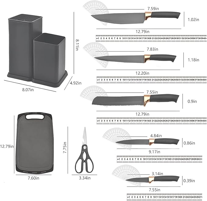19-Piece Kitchen Utensil & Knife Block Set: 12 Non-Stick, Heat-Resistant Silicone Cooking Utensils (Spatula, Tongs, Ladle, Scissors) + 5 Sharp Kitchen Knives & Cutting Board (Gray)
