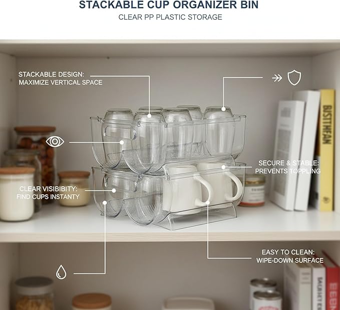 Stackable Cup Organizer Bin, Clear PP Plastic Vertical Storage Container for Kitchen Cabinet and Pantry (1 PC)