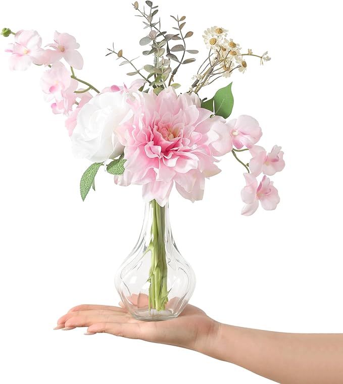 Faux Flowers with Vase,Small Artificial Silk Roses in Vase, Fake Plant Eucalyptus Flower Arrangement for Home Office Decoration, Living Room and Dining Table Centerpiece