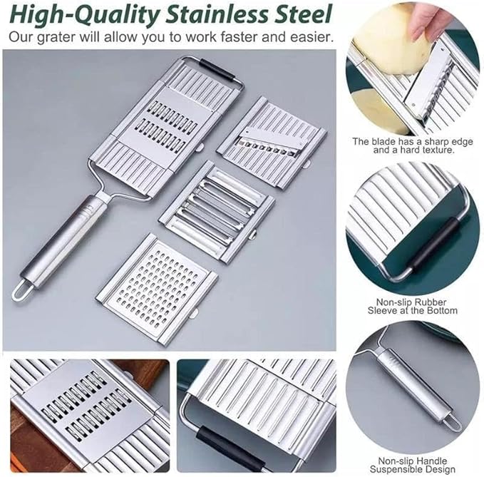 Stainless Steel 4 in 1 Multi-Purpose Vegetable Slicer, Handheld Cheese Grater & Vegetable Chopper with 4 Adjustable Blades for Various Vegetables