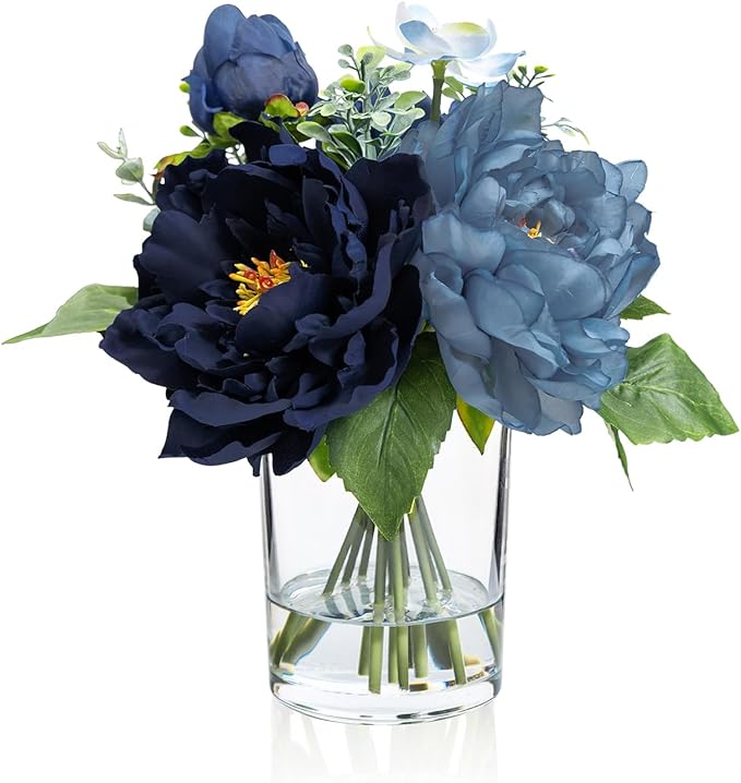 WELL KNOWN Artificial Flowers in Glass Vase with Fake Water, Silk Peony Flower Bouquet for Home Dinning Tea Table, Office Desktop, Hotel, Wedding, Party, Lavatory Decor & Gift (Navy Blue & Light Blue)