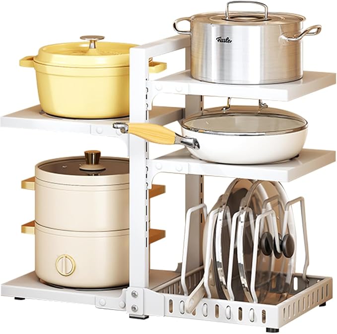 Adjustable Pots and Pans Organizer under Cabinet No Drill Storage Rack Pan Pot Organizers inside Cabinet 16.5" Height Kitchen Organization for Cookware (White)