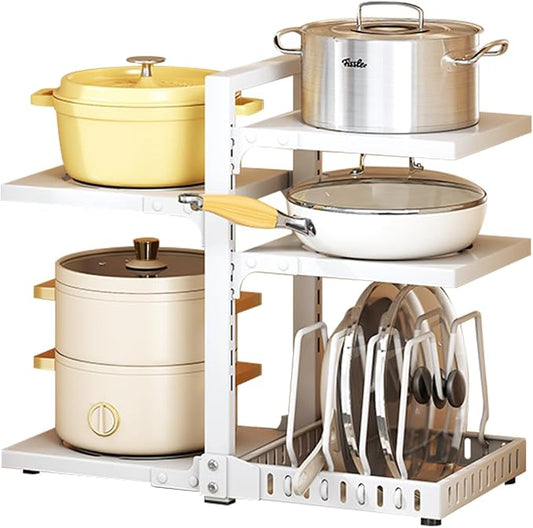 Adjustable Pots and Pans Organizer under Cabinet No Drill Storage Rack Pan Pot Organizers inside Cabinet 16.5" Height Kitchen Organization for Cookware (White)