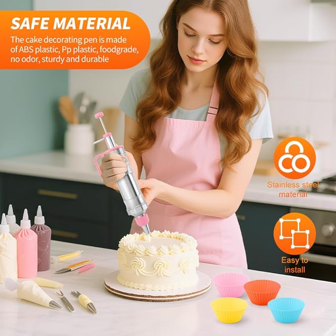 Dessert Decorating Syring-e Set,Frosting Piping Kit,Stainless Steels Cake Decora ting Kit with 6 Pipings Tips & 12 silicone cupcakes,Cupcake Decorating Kit Piping Bags and Tips Set