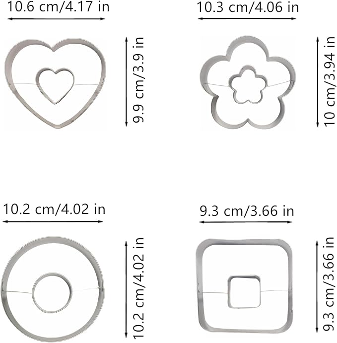 4-Piece Linzer Cookie Cutters Set - Stainless Steel Large Fondant Biscuit Molds for Birthday Party, Graduation, Christmas, and Holiday Baking DIY (Round, Square, Heart, Flower)