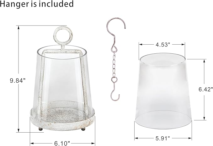 6" Wide Modern Farmhouse Metal Hurricane Candle Holder with Handmade Sturdy Glass Sleeve in Vintage White for Pillar Candle & Plants, Glass Hurricane Lantern, Industrial, Minimalistic