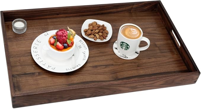 26 x 16 Inches Extra Large Rectangle Black Walnut Wood Ottoman Tray with Handles, Serve Tea, Coffee or Breakfast in Bed, Classic Wooden Decorative Serving Tray