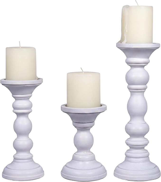 Mela Artisans 6”, 9” & 12” Mango Wood Pillar Candle Holder Set of 3 – Willow Design Matte White – Wooden Candle Holders for Table, Mantel & Living Room Décor