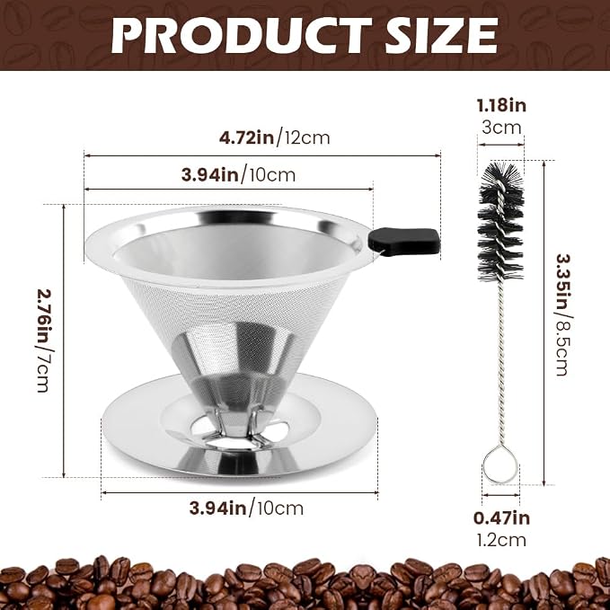 Pour Over Coffee Dripper With Cleaning Brush,Upgraded Double Micro Mesh Filter with Cup Stand,Stainless Steel Coffee Filter,Reusable Coffee Filter,Pour Over Coffee Maker(1-2cup)