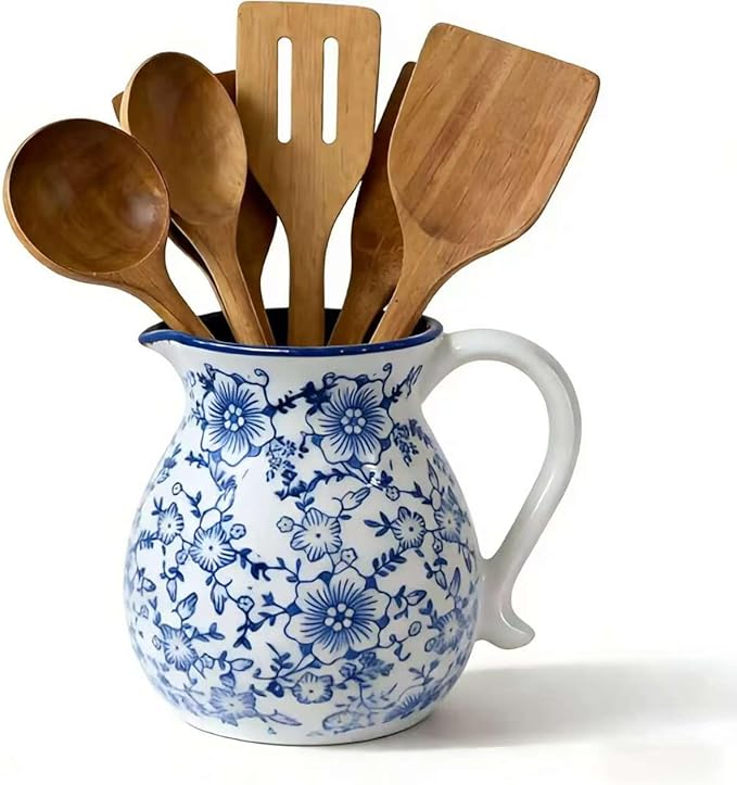 Farmhouse Ceramic Utensil Holder, 6.1" Modern Rustic Cooking Utensil Holder for Kitchen Counter Decor with Handle, Vintage Ceramic Utensil Organizer for Home Kitchen Countertop(Blue white)
