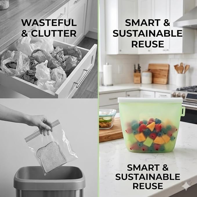 Zyra Reusable Silicone Food Storage Bag Set – 3 Sizes (500ml, 1000ml, 1500ml) – Leakproof, Foldable, Microwave & Freezer Safe, BPA-Free, Dishwasher Safe, Eco-Friendly Meal Prep. (Plain Green)