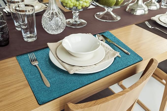 homing Faux Cotton Linen Placemats Set of 8, Cloth Washable Farmhouse Dining Table Mats for Indoors & Outdoors, Easy to Clean, Teal, 13 x 19 Inch