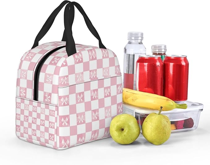 Lunch Bag Pink Check Bow Pattern Insulated Lunch Box Cooler Tote for Adults Student Boys Girls Women Men Work Office School Picnic Beach Reusable Lunchbox Over 3 Years Old