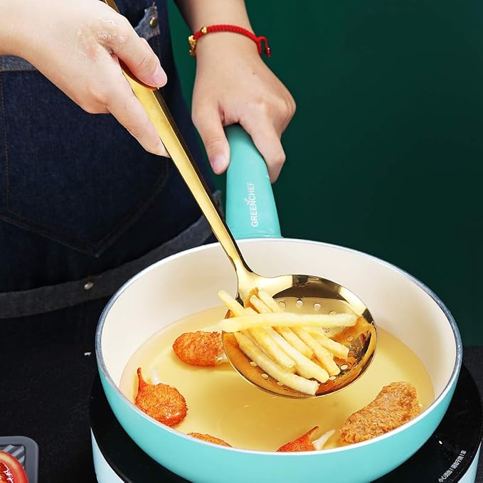 Gold Skimmer, Berglander Metal Strainer With Titanium Gold Plating, Kitchen Cooking Skimmers For Non-Stick Cookware, Dishwasher Safe, Easy to Clean