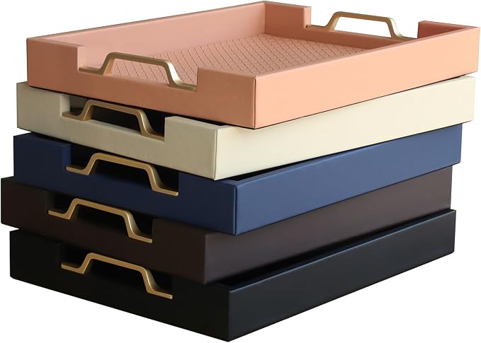 HofferRuffer Faux Leather Rectangle Serving Tray Decor Platter with Gold Metal Handles for Coffee Table, Breakfast, Tea, Food, Countertop, Kitchen, Butler Tray, 16.2 x 12.2 x 2 inches (Navy Blue)