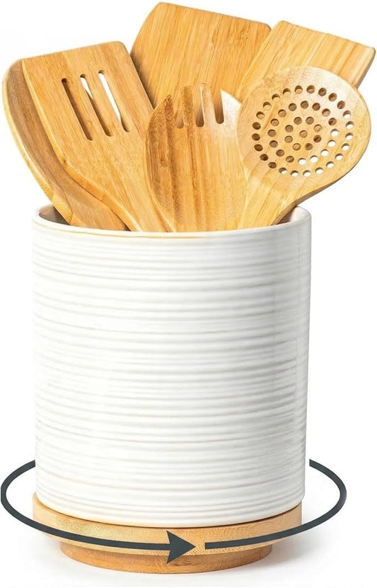 360° Rotating Ceramic Utensil Holder, 7.7" Large Kitchen Utensil Crock with Rotatable Bamboo Base, Countertop Organizer for Spatulas, Spoons & Cooking Tools