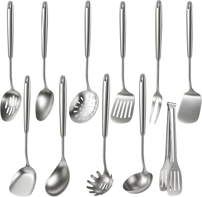Newness 11 Pcs Cooking Utensils Set, 304 Stainless Steel Kitchen Utensils Set, Metal Kitchen Accessories, Include Soup Ladle, Slotted Skimmer Spoon, Spaghetti Spoon and Spatula, Dishwasher Safe