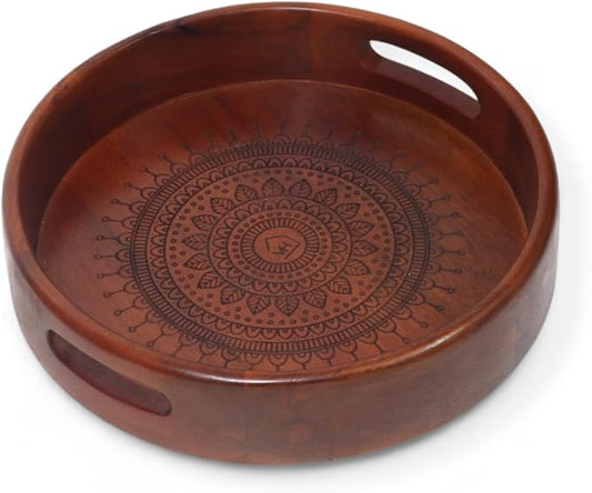 Vesta Homes Premium Wood Round Serving Tray for Home/Kitchen/Restaurant/Office Organizer/Dining Table | Premium Serving Trays | 30.5 x 30.5 x 5 cm | Handcrafted in India