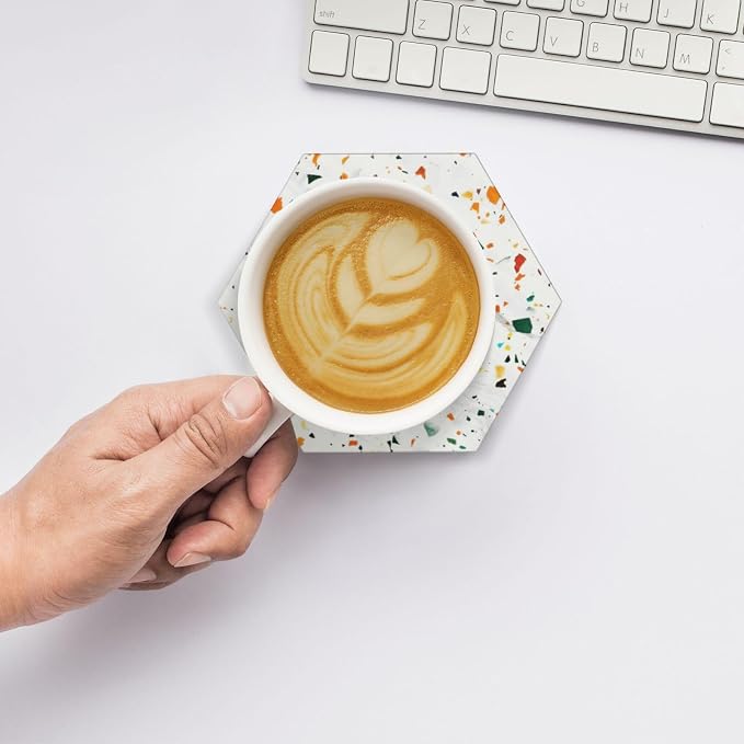 Beige Terrazzo Marble Hexagon Drinks Coasters Absorbent Stone with Holder Set of 6, Unique Fashion Luxury 3D Printing Art White/Cream Marbled Hexagonal Ceramic Coaster for Coffee Table Protection