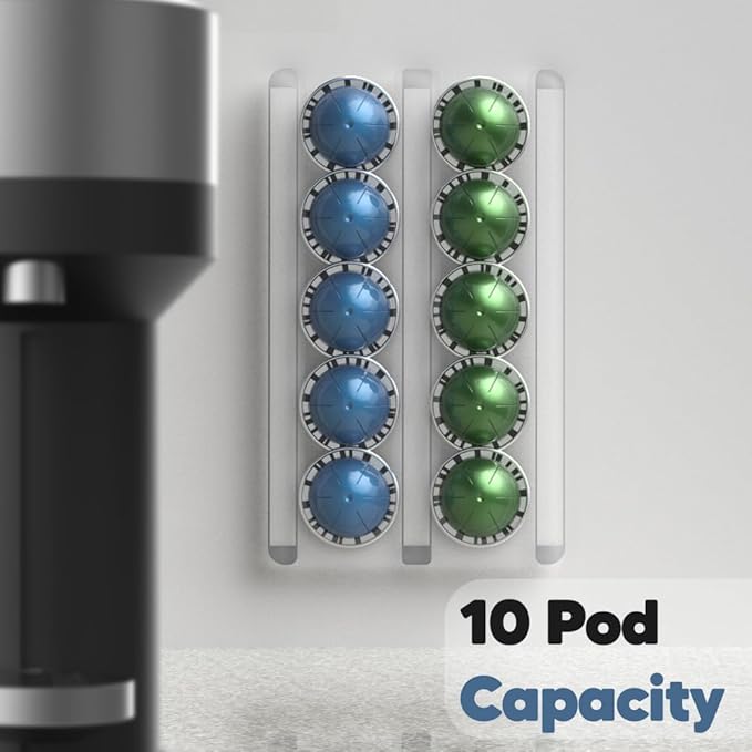 GALVANOX Wall Mounted Holder for Nespresso Vertuo Pods Organizer, 10 Capsule Stick On with Adhesive Backing - Low Profile Vertuoline Wall Mount, Under Cabinet (Clear Acrylic)