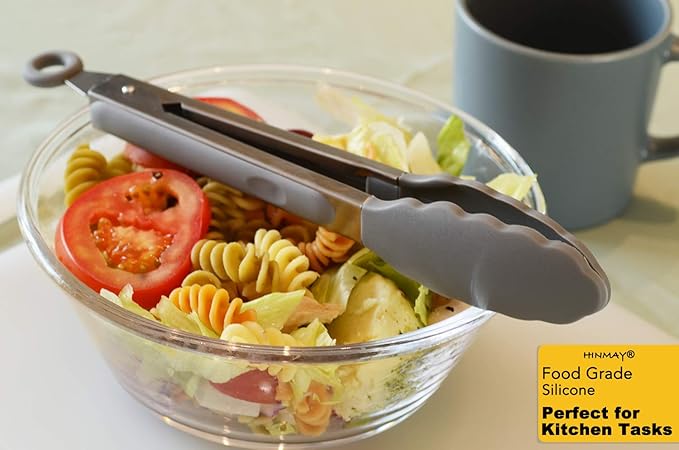 HINMAY Locking Kitchen Tongs with Silicon Tips 9-Inch Stainless Steel Grilling Tongs, Set of 3 (Gray)