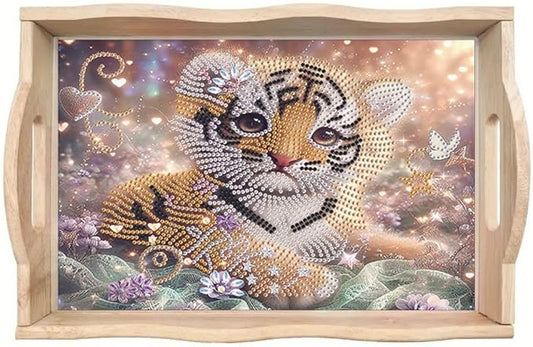 DIY Diamond Serving Tray Diamond Art Painting Creative Design Handmade Wooden Tray Dinner Plate for Coffee Breakfast Home Organizer-Tiger