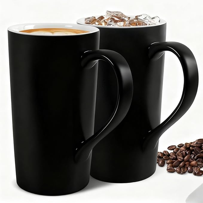 20 OZ Large Diner Coffee Mugs,Tall Beer Cups,Matte Black Couple's Cups with Handle,Oversized Cylindrical Design Modern Ceramic Tea Cup for Dad Mom Friends Gift.Set of 2