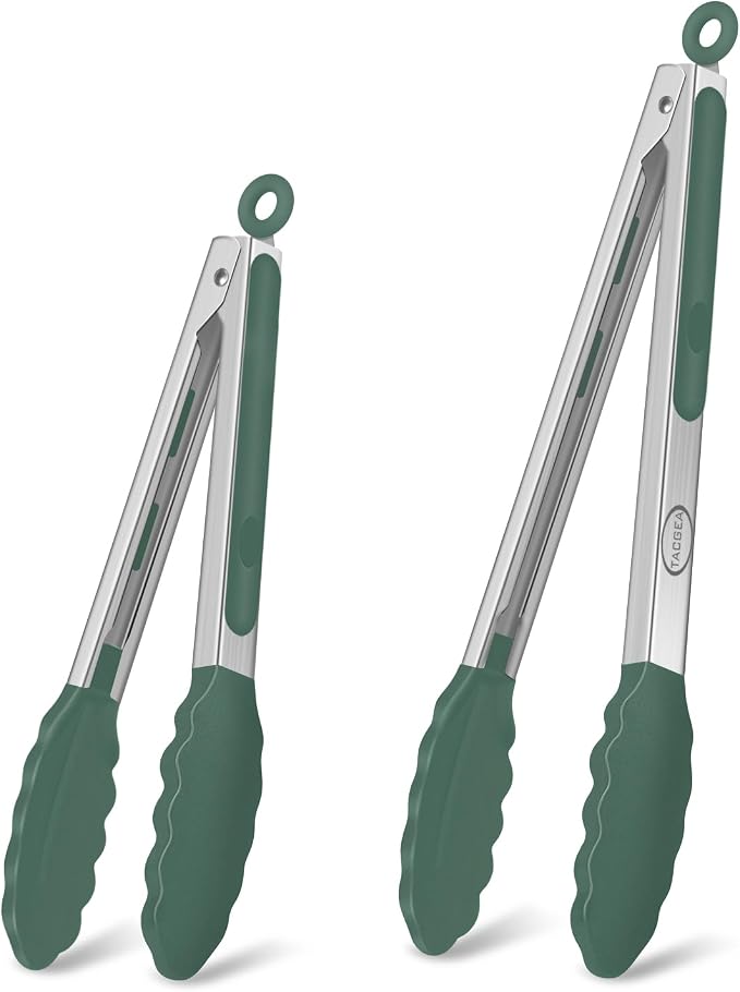 TACGEA Stainless Steel Kitchen Tongs with Silicone Tips, Locking Grilling Food Tongs, 9" and 12", Set of 2 Dark Green