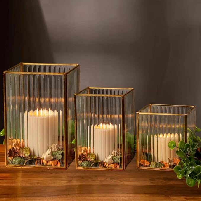 Koyal Wholesale Gold Ribbed Glass Hurricane Candle Holders, Set of 3