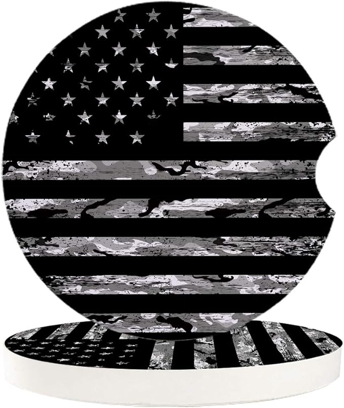 Absorbent Car Coasters for Cup Holders Camouflage American Flag, Small 2.56inch Ceramic Stone Drink Coaster for Women Men, Black and White Set of 6 Pack