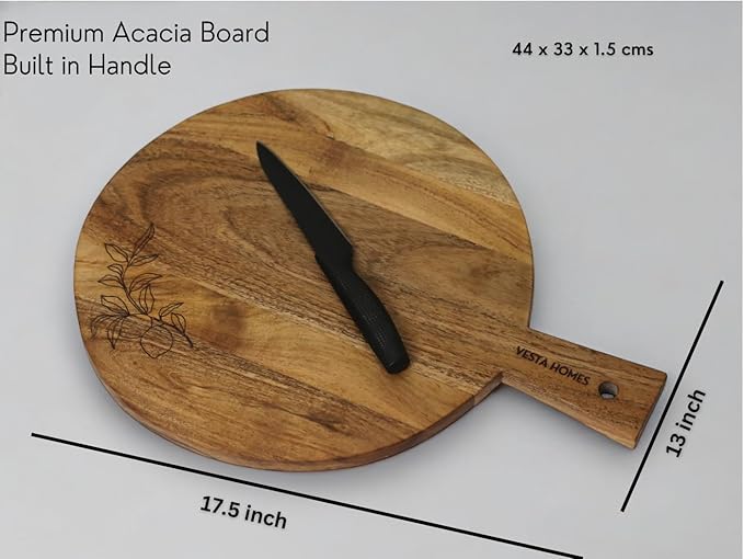Vesta Homes Wooden Round Cutting Board | 17.5 * 13 Inches | Chopping Board/Serving Board, Platter for Pizza, Vegetables, Fruits and Cheese | Natural Acacia Wood | Handcrafted in India