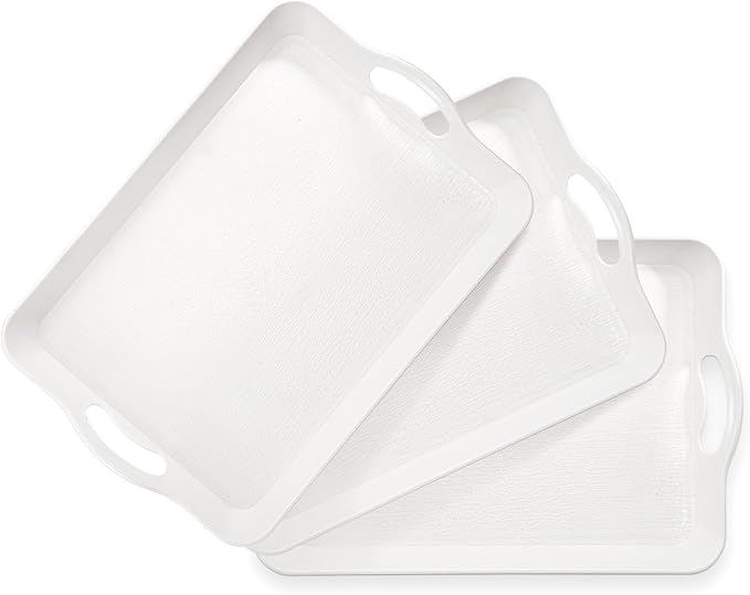 Cedilis 3 Pack Serving Trays with Handles, 16 x 11IN Food Serving Tray, Rectangular Plastic Stackable Tray for Restaurant, Parties, Coffee Table, Kitchen (White)